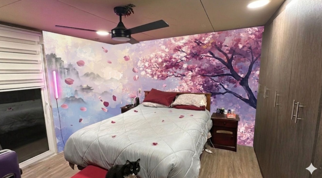 Dormitorio después, con fotomural de cerezos en flor